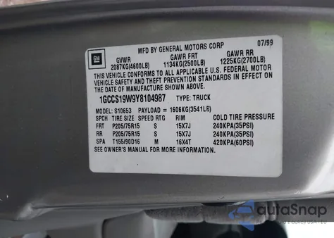 2000 Chevrolet S-10 Ls из США, поврежденный, VIN 1GCCS19W9Y8104987